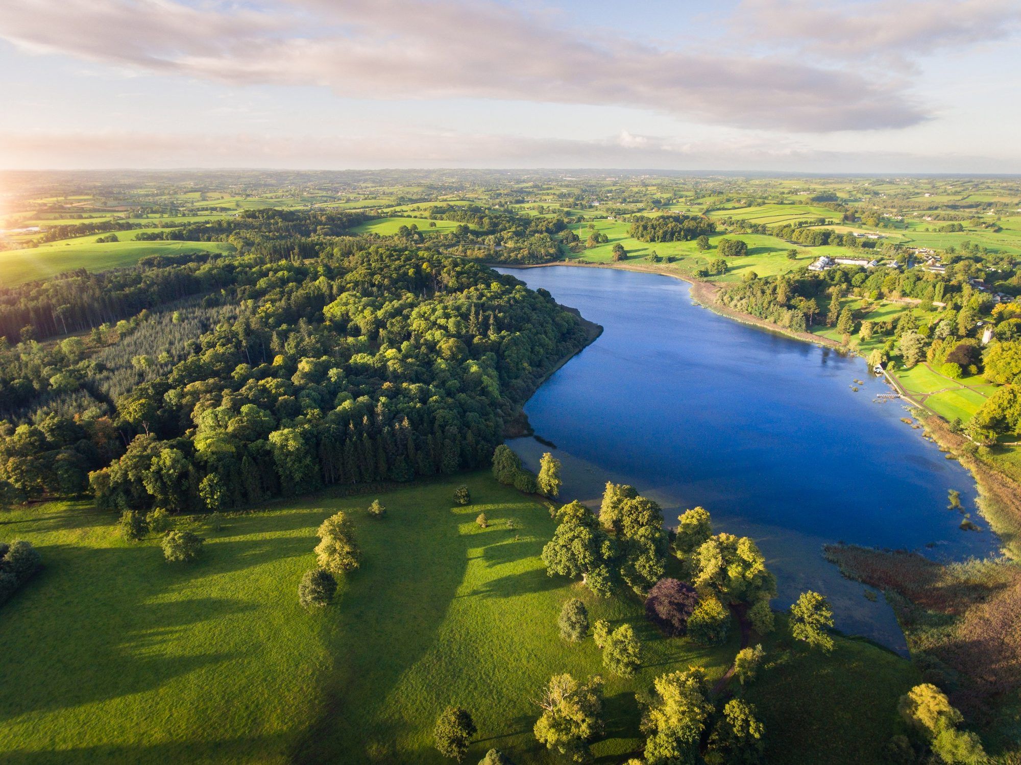Aerial view of the lake and woodland of the Castle Leslie Estate
