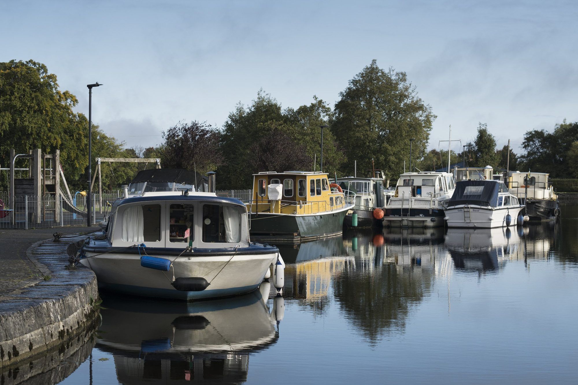 Cruisers moored in Cloondara Harbour where the Royal Canal meets the Shannon