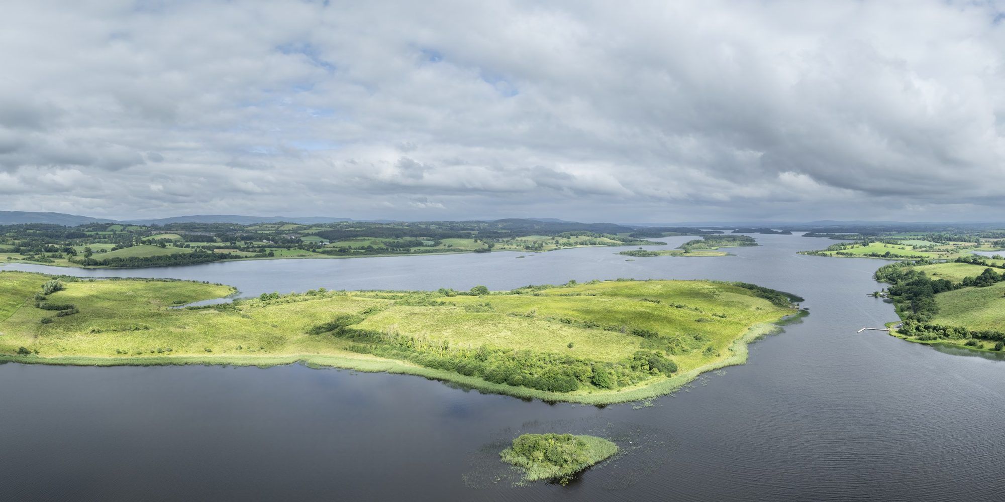 Aerial view of Devenish Island and the wide waters of Lower Lough Erne