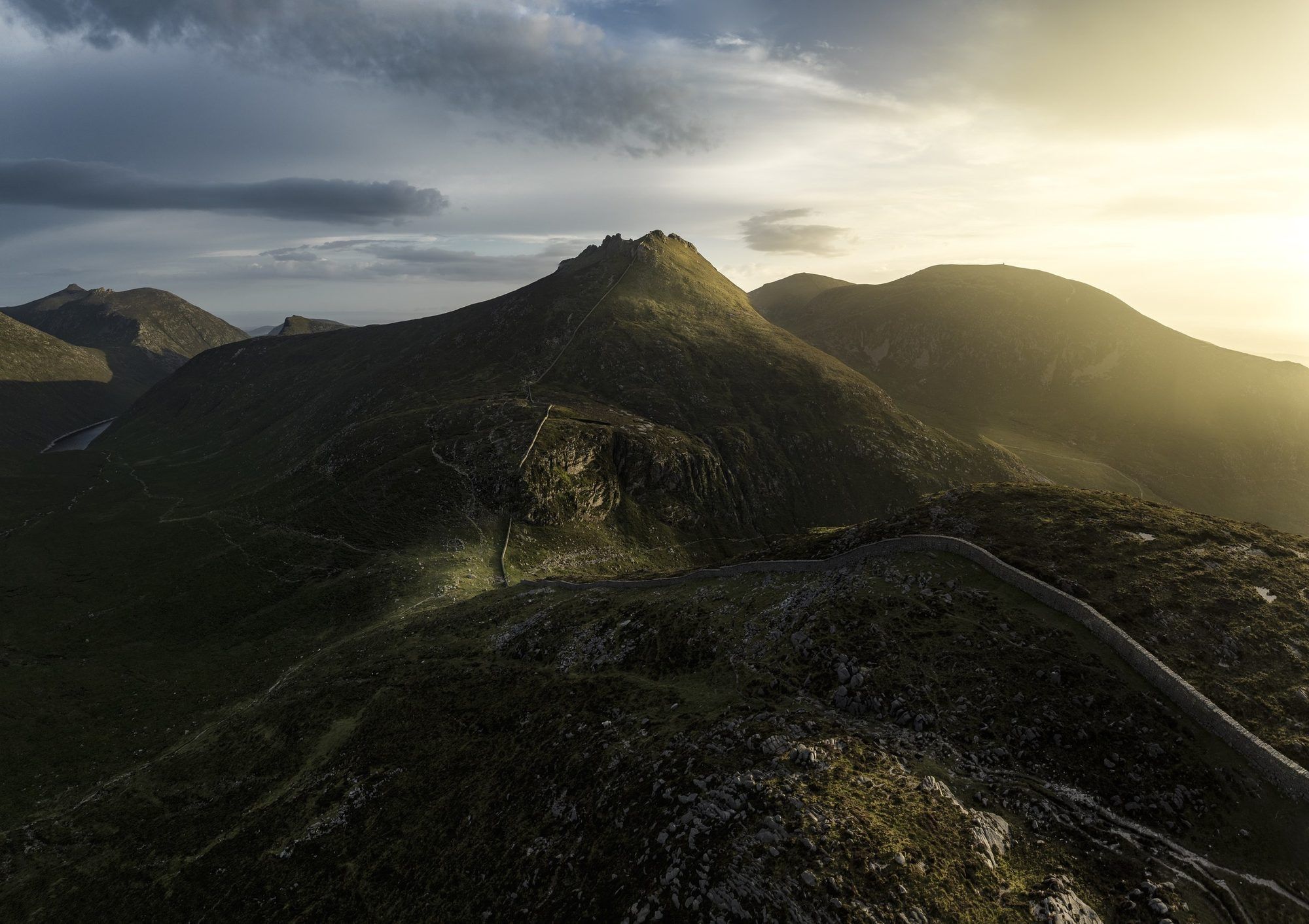 Evening sun over the ridges of the Mourne Mountains, looking towards Slieve Bearnagh