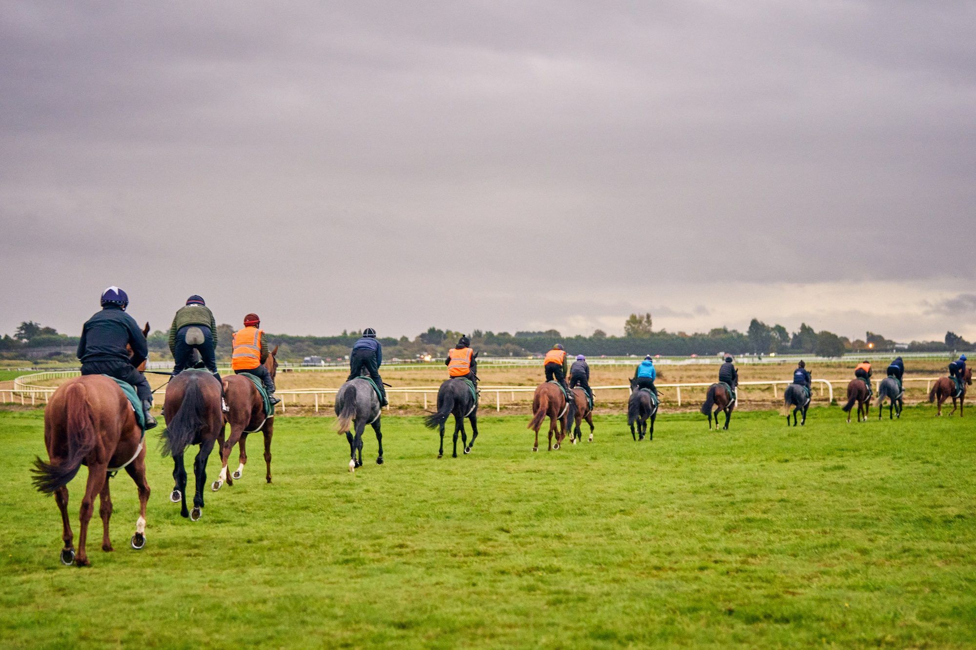 A string of racehorses and riders heading out across the Curragh plains