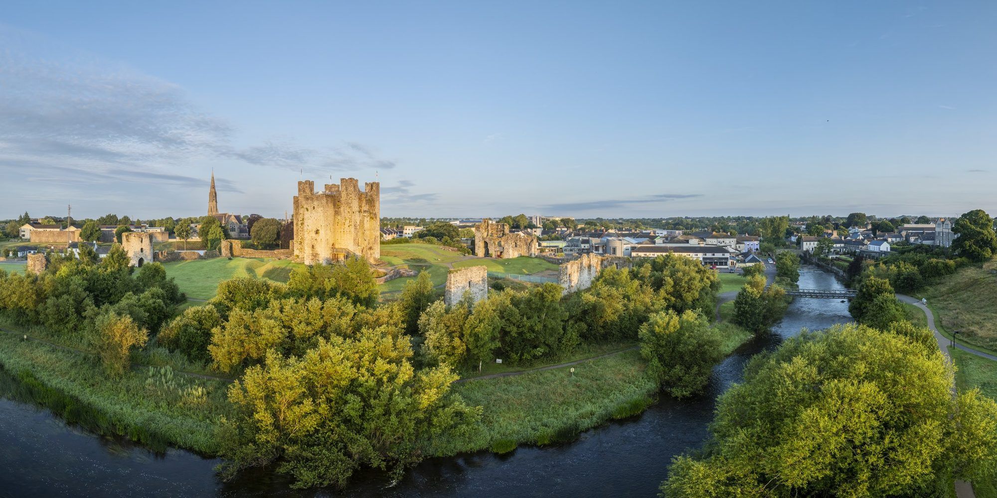 Trim Castle and the River Boyne from the air at sunrise